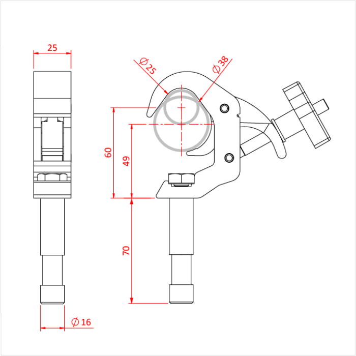 Crochet gâchette rapide BABY BEAMER pour tube de 25-38mm, avec spigot 16mm, CMU 40kg