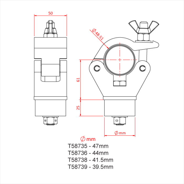 Collier FINIAL pivotant pour tube de 48-51mm avec embout de 39.5mm