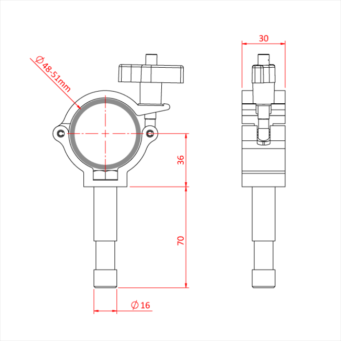 Collier "BEAMER" charge super légère pour tube de 48-51mm avec spigot 16mm, CMU 100kg