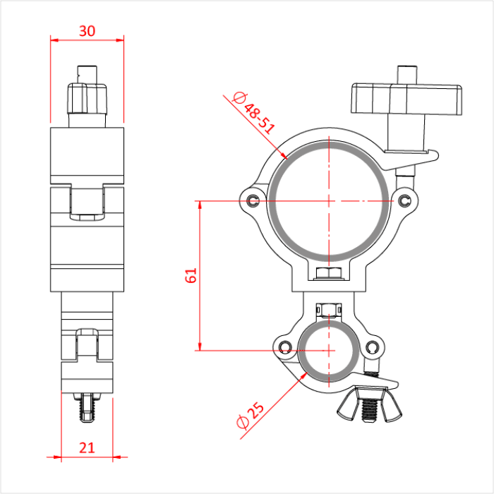 Double collier pivotant pour un tube de 48-51mm et un tube de 25mm, CMU 100kg