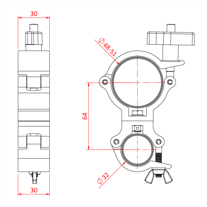 Double collier pivotant pour un tube de 48-51mm et un tube de 32mm, CMU 100kg