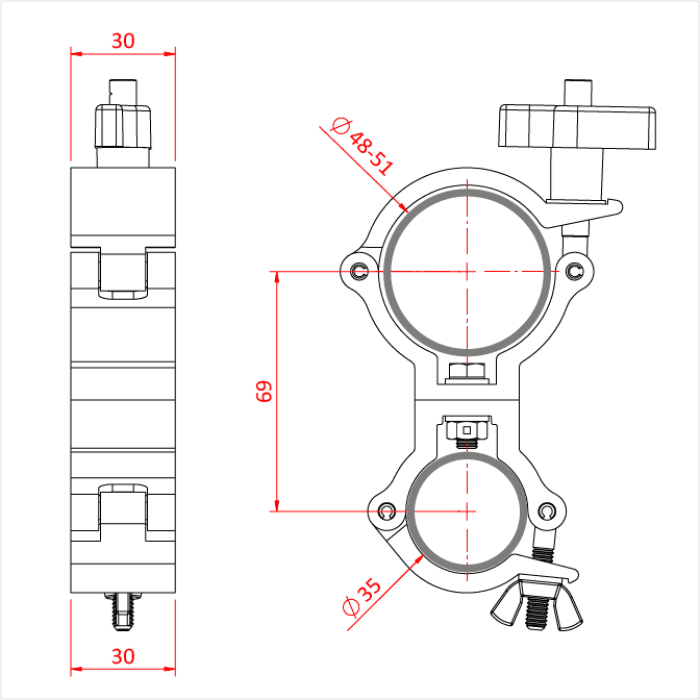 Double collier pivotant pour un tube de 48-51mm et un tube de 35mm, CMU 100kg