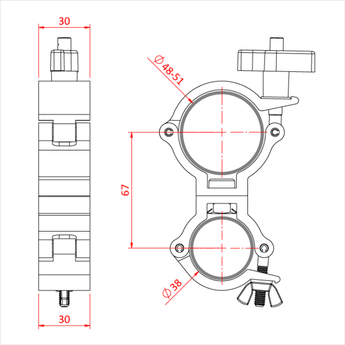 Double collier pivotant pour un tube de 48-51mm et un tube de 38mm, CMU 100kg