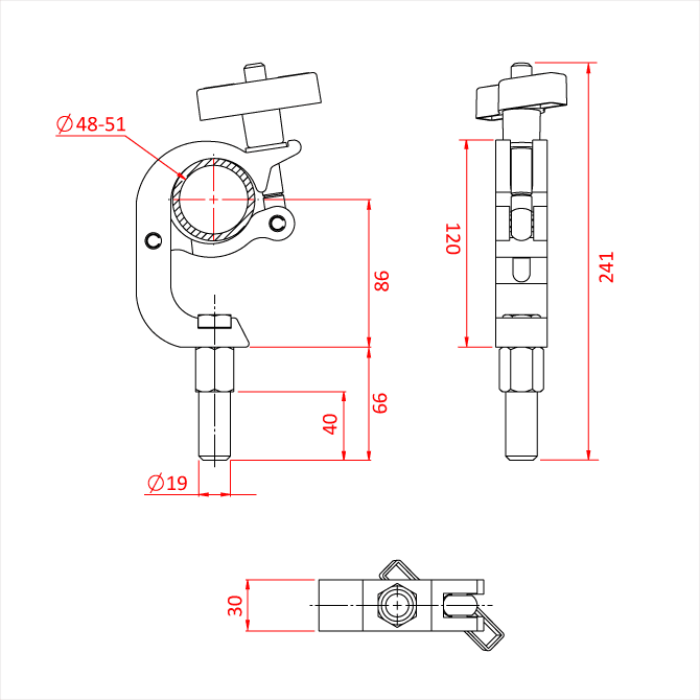 Crochet enveloppeur de tube 48-51mm "LITTLE TOM" avec spigot de 19mm, CMU 200kg