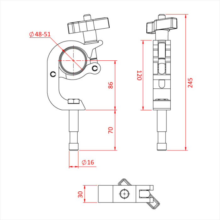 Crochet enveloppeur de tube 48-51mm "BEAMER" avec spigot de 16mm CMU 200kg