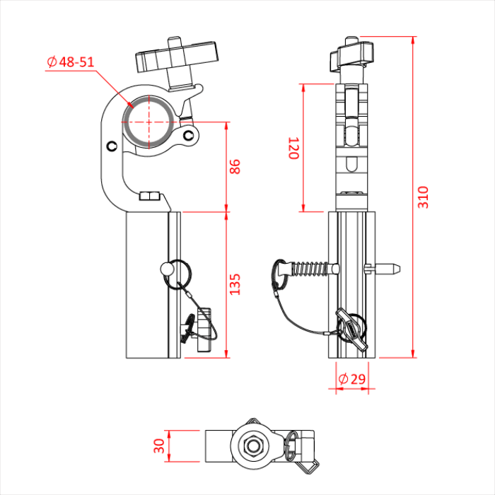 Crochet enveloppeur de tube 48-51mm "TV" avec récepteur de spigot 28mm, CMU 200kg