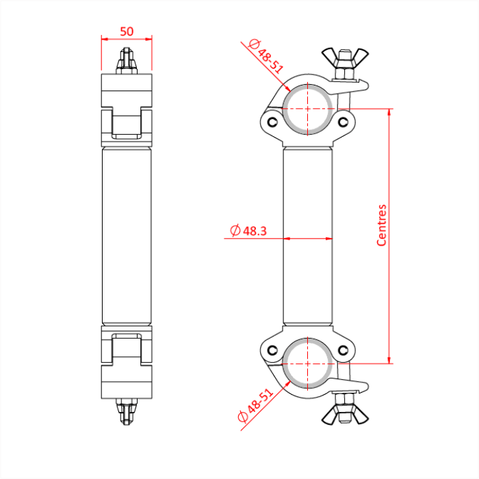 Double collier fix parallèle entraxe 250mm pour tubes de 48-51mm