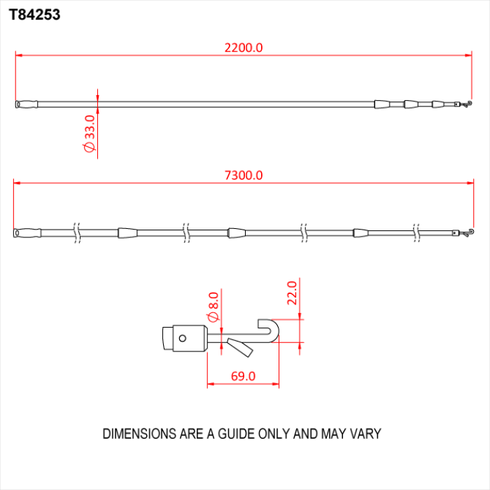 Perche d'opération en 3 sections jusqu'à 740cm