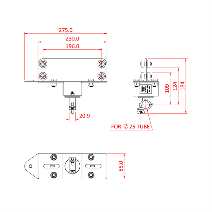 Six-Track chariot avec bras pivotant avec collier pour tube de 25mm, noir