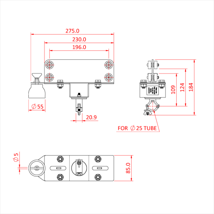 Six-Track chariot freiné avec bras pivotant avec collier pour tube de 25mm, noir