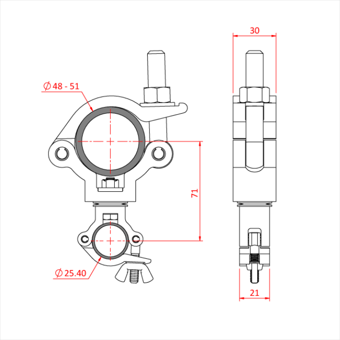 Double collier pivotant pour tube de 48-51mm et tube de 25mm (Six-Track p.ex.), noir