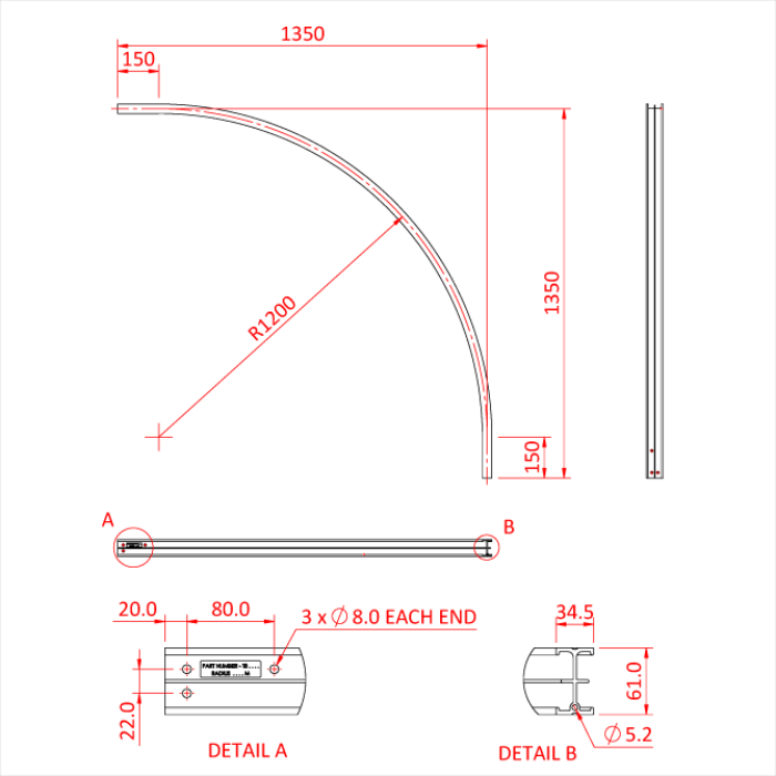 STUDIO RAIL 60 courbe 90° à rayon de 120cm, argent