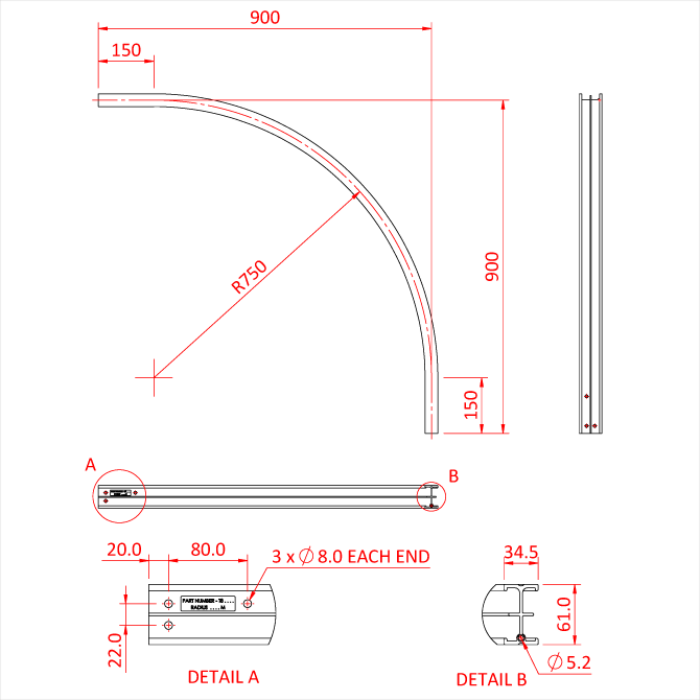 STUDIO RAIL 60 courbe 90° à rayon de 75cm, argent