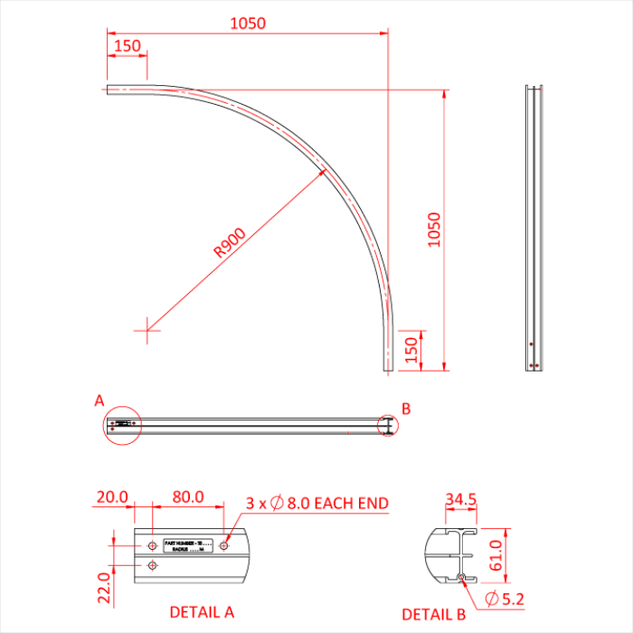 STUDIO RAIL 60 courbe 90° à rayon de 90cm, argent