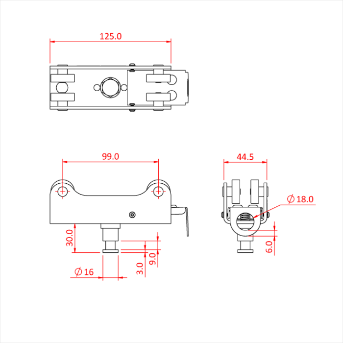 Chariot 4 roues pour Studio Rail 60 avec mini spigot 16mm (freiné)