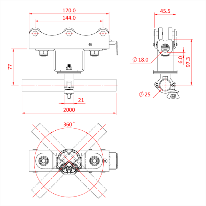 STUDIO RAIL 60 chariot avec bras pivotant avec collier pour tube de 25mm, livré avec tube de 200cm, noir