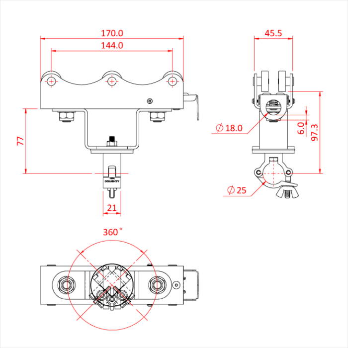 STUDIO RAIL 60 chariot avec bras pivotant avec collier pour tube de 25mm, noir