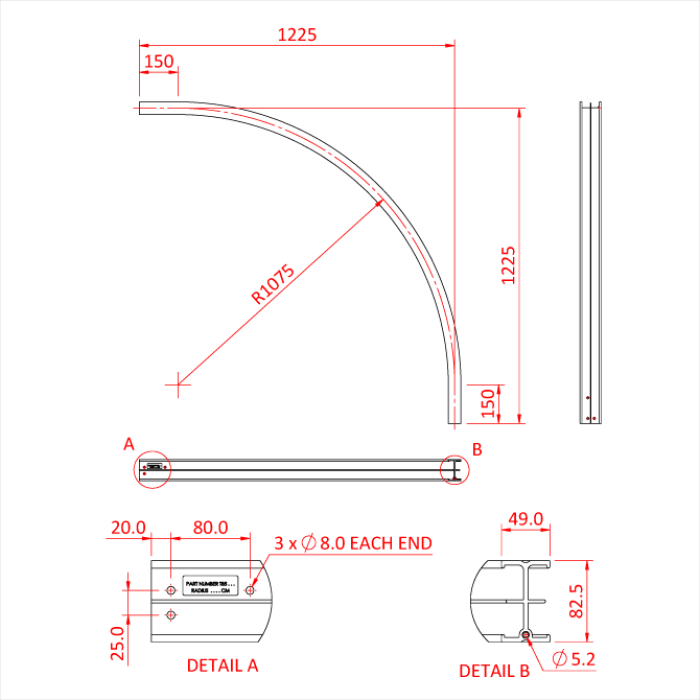 STUDIO RAIL 80 courbe 90° à rayon105cm, argent