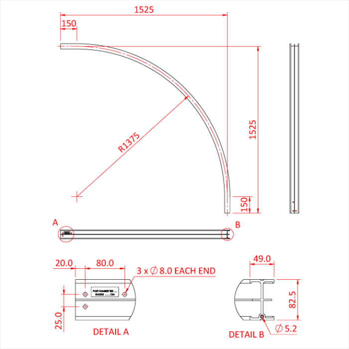 STUDIO RAIL 80 courbe 90° à rayon135cm, argent