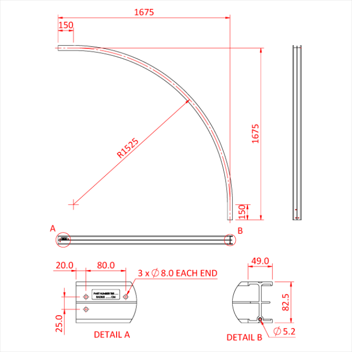 STUDIO RAIL 80 courbe 90° à rayon150cm, argent