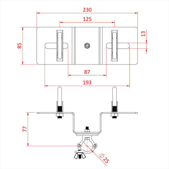 Collier pivotant pour tube de 25mm monté sur cadre à boulons en "U" pour tube de 48mm, livré avec tube 25mm de 200cm, noir