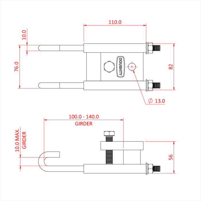 Pince charge légère pour poutre en T ou H de 100-150mm, CMU 250kg, noir