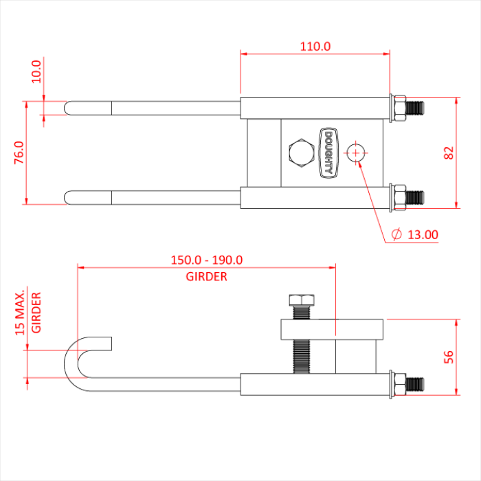 Pince charge légère pour poutre en T ou H de 100-200mm, CMU 250kg, noir