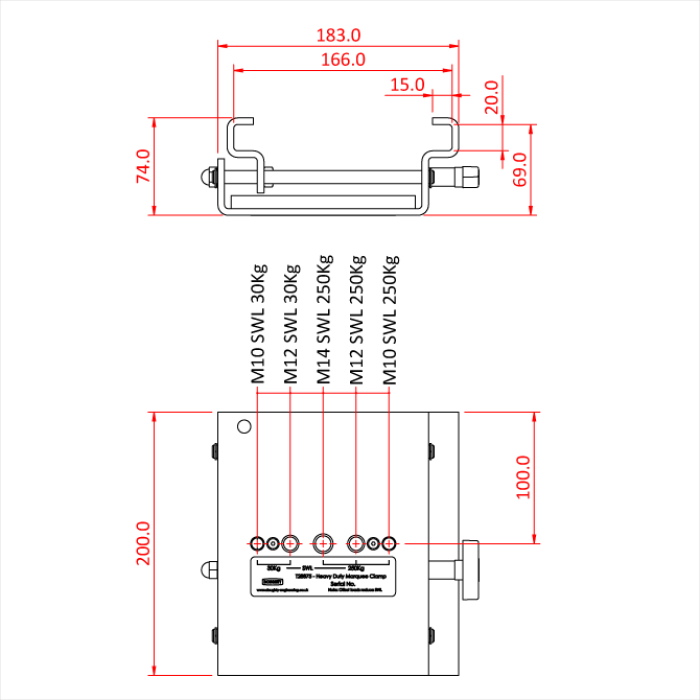 Pince de chapiteau charge lourde 50-150mm, CMU 250kg