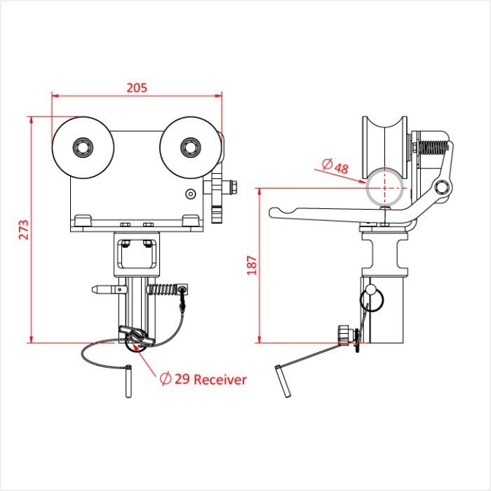 Chariot BRAKED BARREL SLIMLINE pour tube de 48-51mm avec récepteur spigot 28mm, CMU 75kg