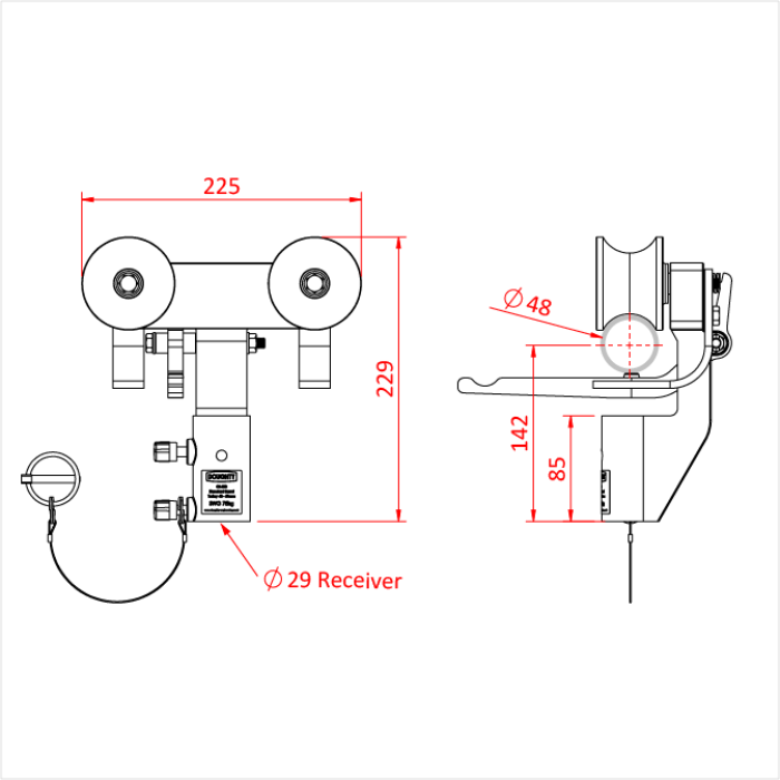 Chariot BRAKED BARREL pour tube de 48-51mm avec récepteur spigot 28mm, CMU 75kg