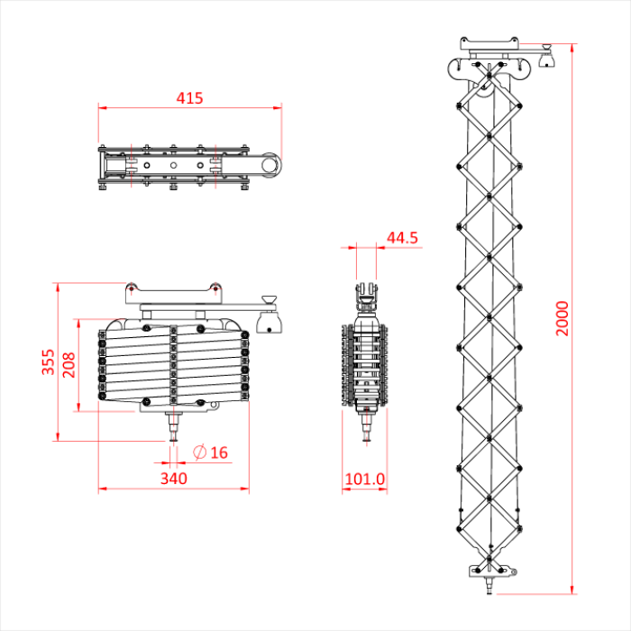 Pantographe 3 ressorts avec spigot 16mm et fixation Studio Rail, hauteur max. 200cm, charge 3-15kg