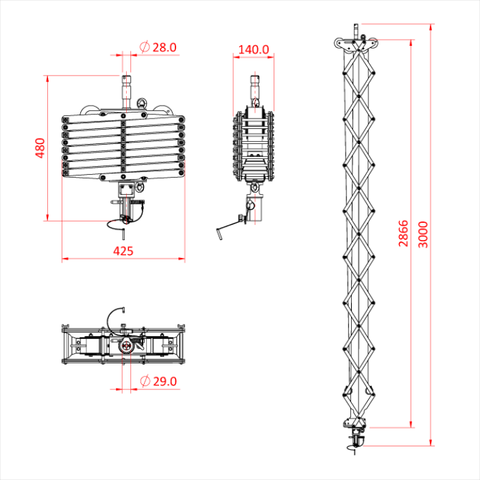 Pantographe 4 ressorts, hauteur max. 300cm, CMU 27kg