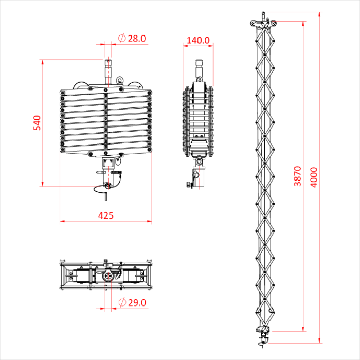 Pantographe 4 ressorts, hauteur max. 400cm, CMU 27kg