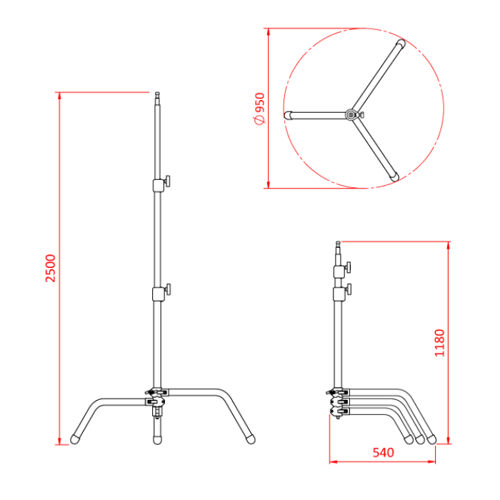 Pied "C" avec spigot 16mm, 118-205cm, CMU 10kg, noir