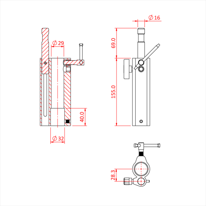 Tête multiple 3 fonctions avec spigot 16mm et récepteur spigot 16 et 28mm, noire