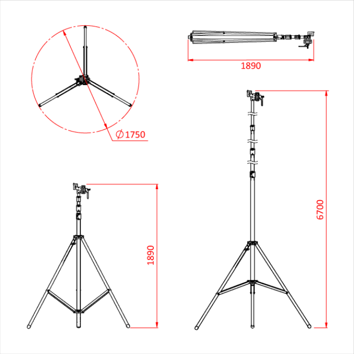 Pied WIDE BASE HI-OverHaed 189-670m grande base, 40kg, noir