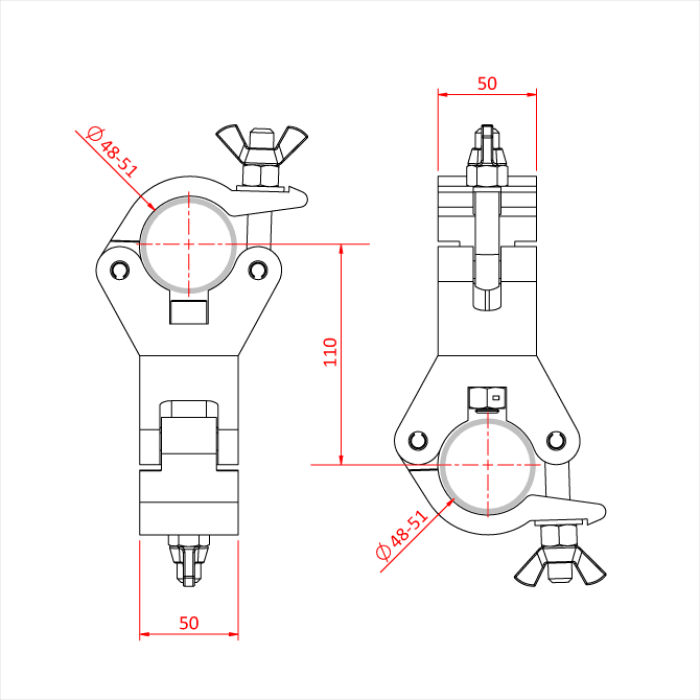 Double collier rotatif INOX pour tube de 48-51mm, CMU 750kg, noir