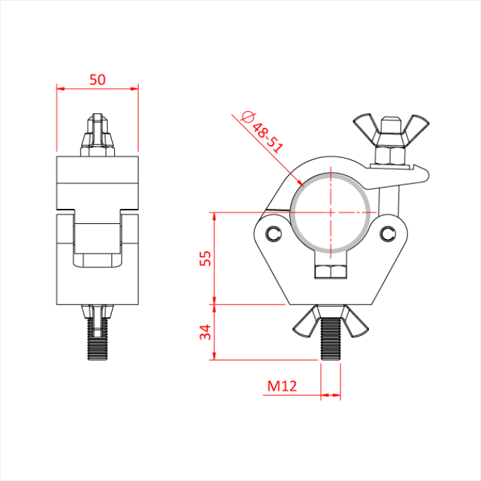 Collier Hook  INOX pour tube de 48-51mm, avec vis et écrou, CMU 750kg, noir