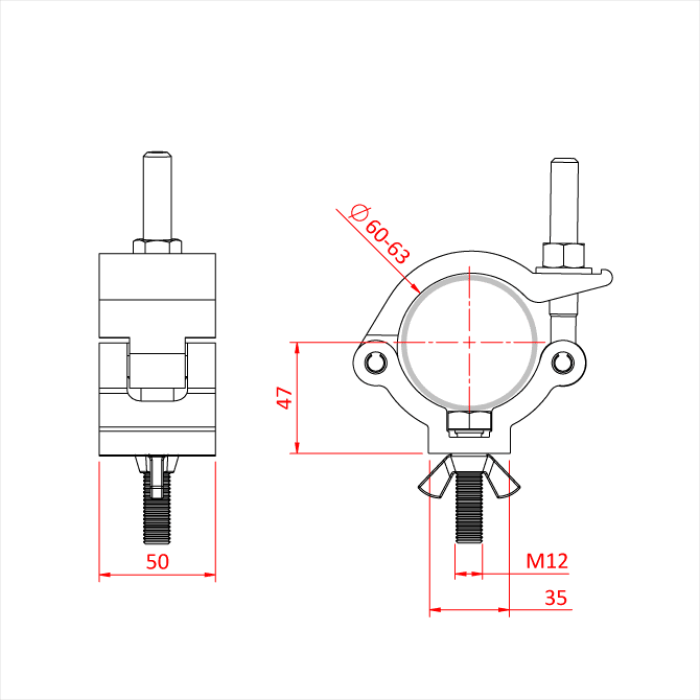 Collier Mammoth INOX pour tube de 60-63mm, avec vis et écrou, CMU 500kg, noir