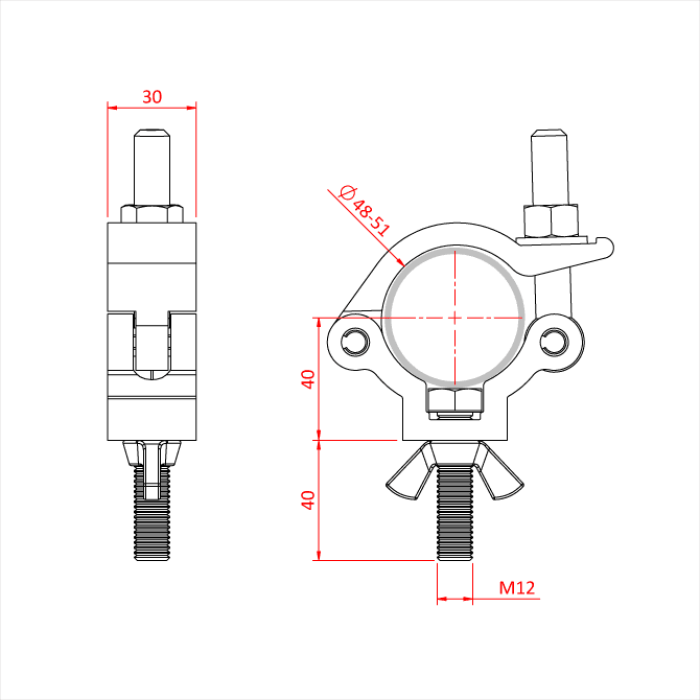 Collier charge légère INOX MINCE  30mm pour tube de 48-51mm , avec vis et écrou, CMU 300kg, noir