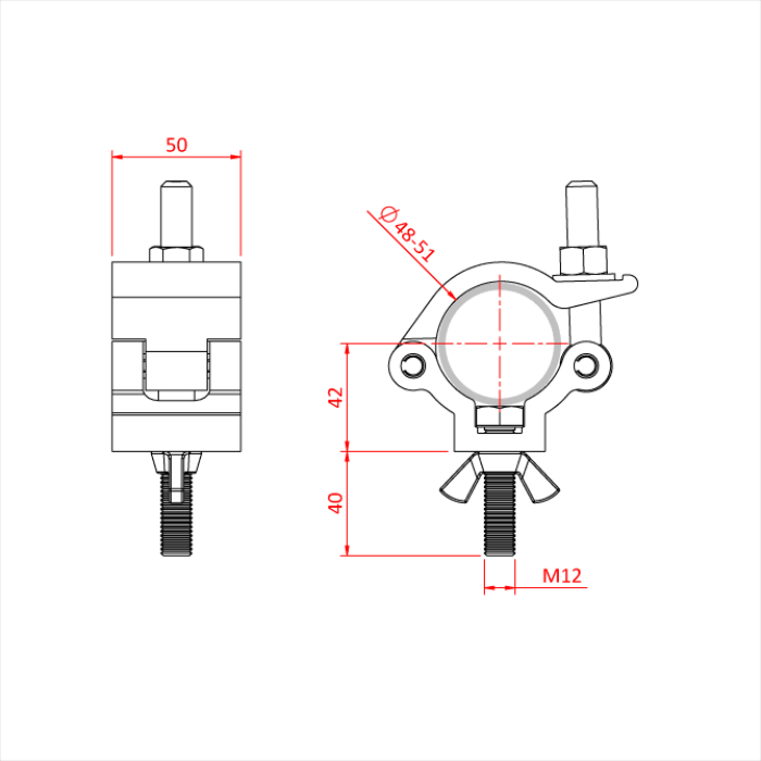 Collier charge légère INOX pour tube de 48-51mm , avec vis et écrou, CMU 500kg, noir