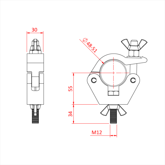 Collier INOX MINCE 30mm pour tube de 48-51mm, avec vis et écrou, CMU 750kg, noir