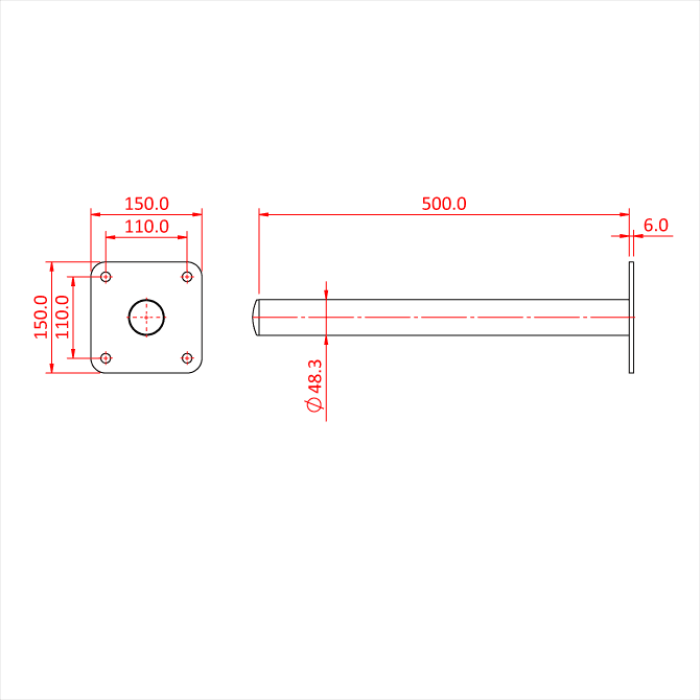 Bras déporté 500mm à fixer au mur, CMU 25kg