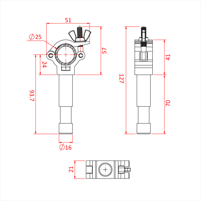 Collier ATOM "BEAMER" pour tube de 25mm, avec spigot 16mm, CMU 100kg