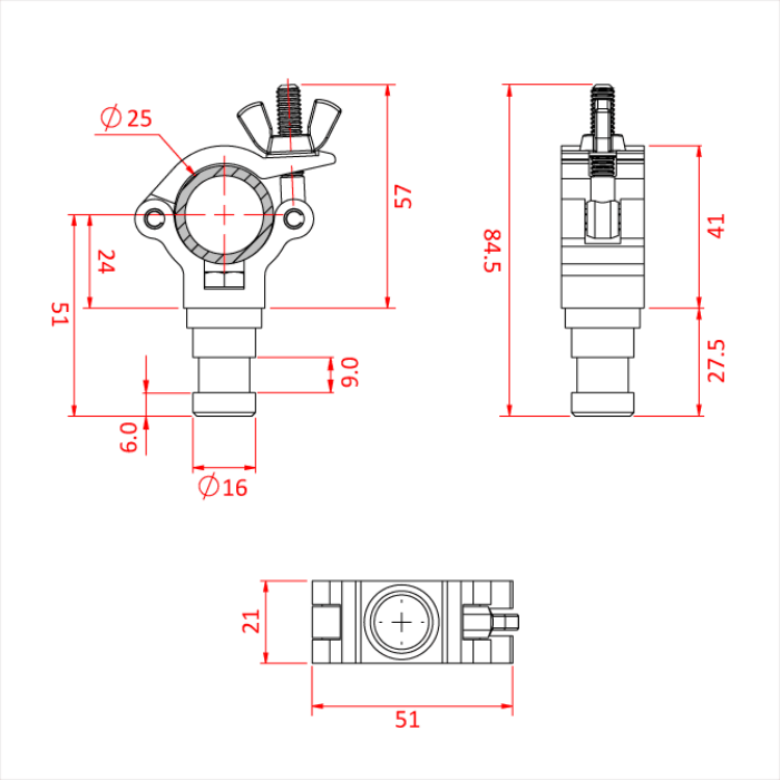 Collier ATOM  "SNAPPER" pour tube de 25mm, avec spigot 16mm, CMU 100kg