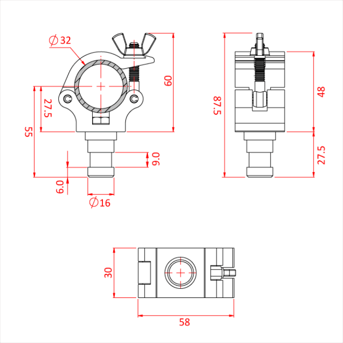 Collier ATOM  "SNAPPER" pour tube de 32mm, avec spigot 16mm, CMU 100kg, noir