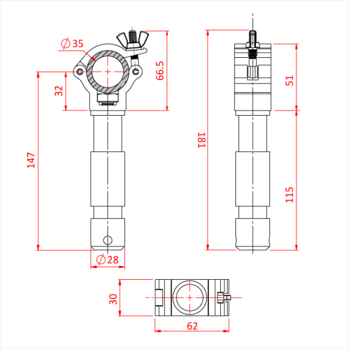 Collier ATOM BIG BEN pour tube de 35mm avec spigot 29mm, CMU 100kg