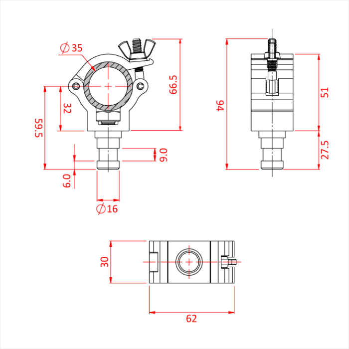 Collier ATOM "SNAPPER" avec spigot 16mm pour tube de 35mm, CMU 100kg