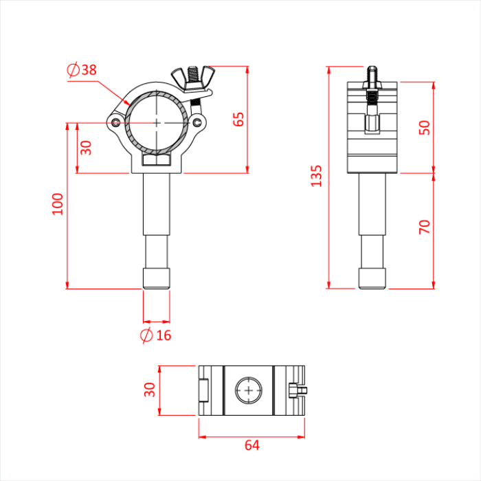 Collier ATOM "BEAMER" pour tube de 38mm, avec spigot 16mm, CMU 100kg