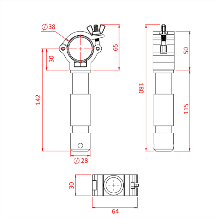 Collier ATOM "BIG BEN" pour tube de 38mm, avec spigot 28mm, CMU 100kg